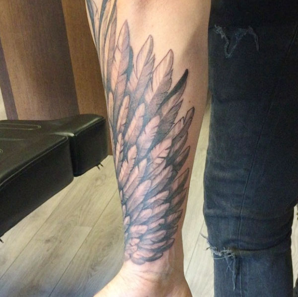 That's amazing and gorgeous forearm tattoo ideas black and grey ink work wing tattoo designs