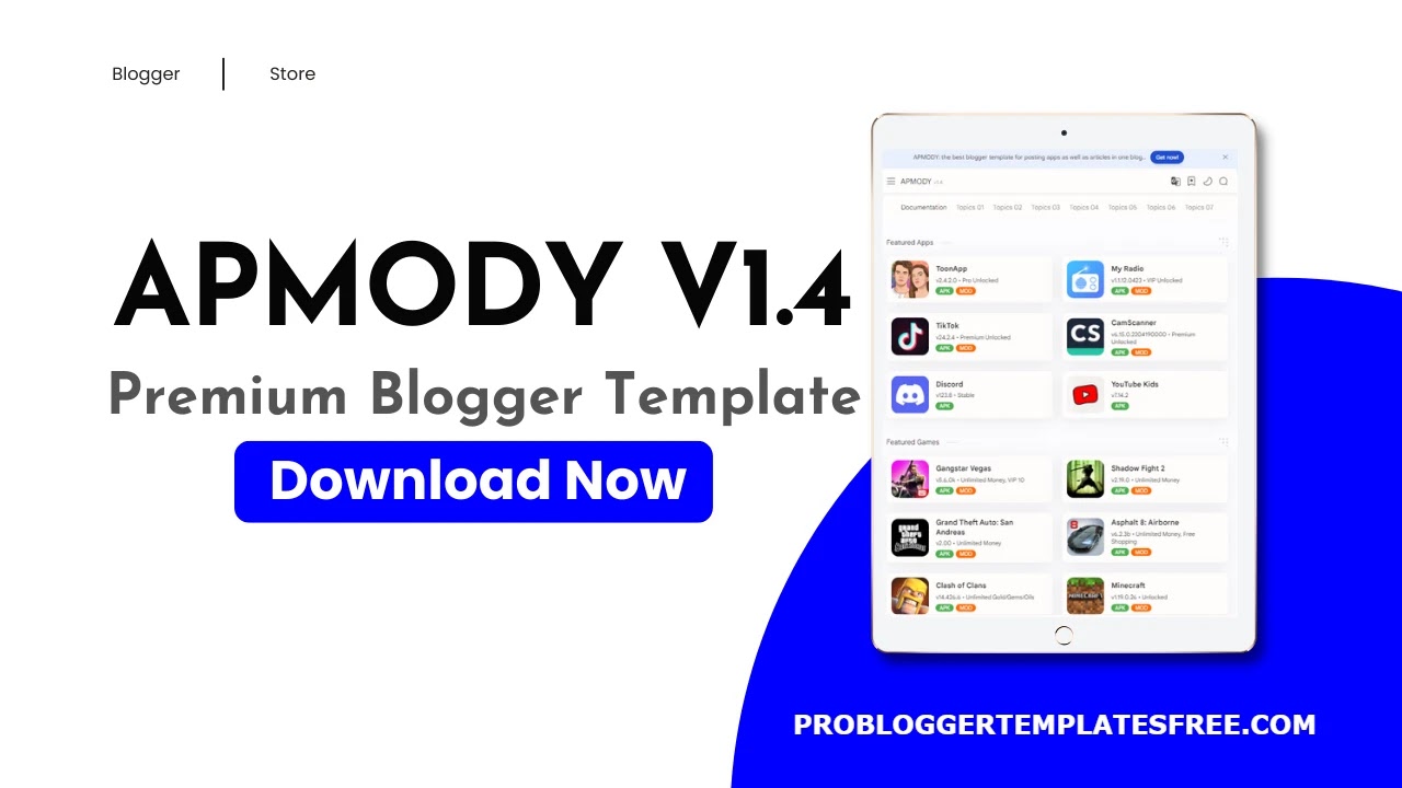 APMODY V1.4 Premium Blogger Template Free Download for APK Website