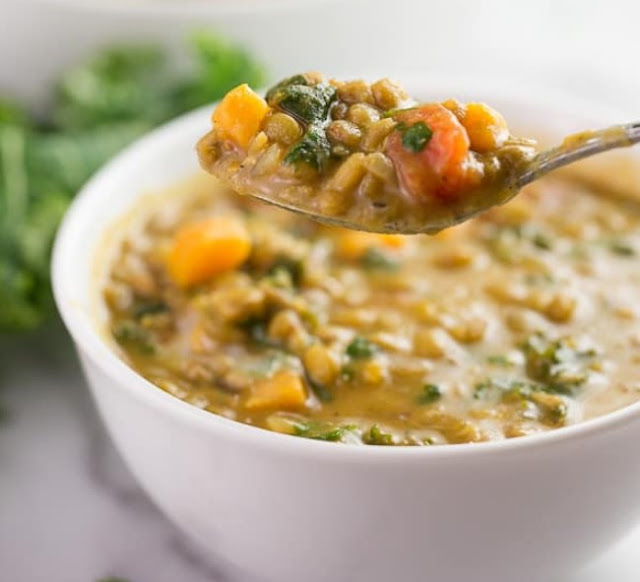 Coconut Sweet Potato Lentil Soup with Rice #vegan #vegetarian