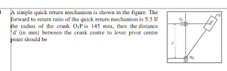 A simple quick return mechanism is shown in the figure. The forward to return ratio of the quick return mechanism is 5:3 If the radius of the crank O1P is 145 mm, then the distance ‘d’ (in mm) between the crank centre to lever pivot centre point should be