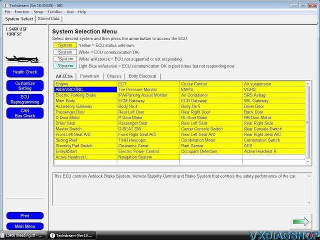 Reset Lexus LS460 Brake VSC Error with VXDIAG Techstream 3