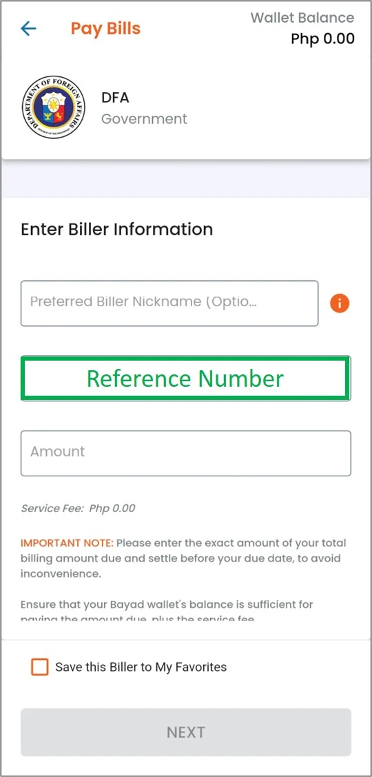 Bayad app account number or reference number