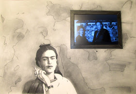 "Frida Smoking" Charcoal and Conte with Embedded Electronics 24x36 inches by F. Lennox Campello