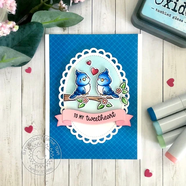 Sunny Studio Stamps: Love Birds Card by Tammy Stark (featuring Brilliant Banner Dies, Scalloped Oval Dies)