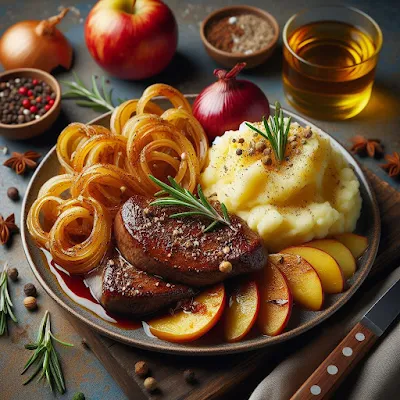Auf dem Bild ist ein Teller mit zwei Scheiben gebratene Schweineleber, Kartoffelpüree, glacierte Apfelscheiben und gebratene Zwiebelringe zusehen.