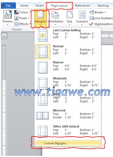 Daftar setting margin yang tersedia di di microsoft word 2010