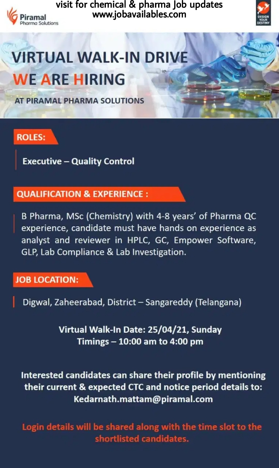 Job Availables, Piramal Enterprises Limited Interview For Msc Chemistry/ B.Pharma - QC Dept