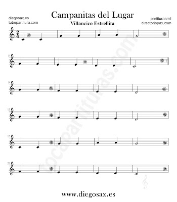 Campanitas de lugar partitura para flauta, violín, saxofón alto, trompeta, clarinete, soprano sax, tenor, oboe, corno inglés, trompa, fliscorno... en clave de Sol