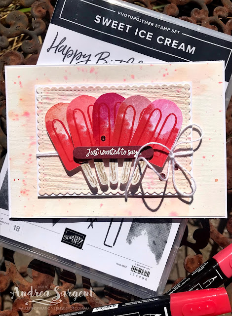 A card featuring Stampin' Up!s Poppy Parade, with Sweet Ice cream stamps and water colouring, 2-step stamping and different embossing techniques by Andrea Sargent at Valley Inspirations, Australia.