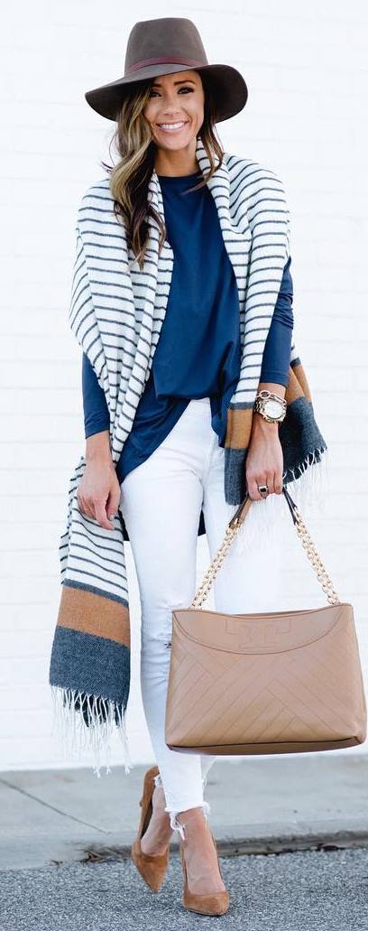 how to style a hat : stripped scarf + bag + rips + heels + blue top