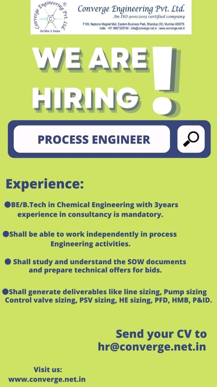 Job Availables,Converge Engineering Pvt. Ltd. Job Vacancy For BE/ B.Tech Chemical Engineering