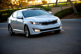 front 3/4 driving shot of white 2013 Kia Optima SX