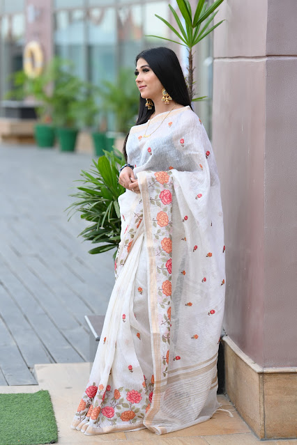 The White Linen Embroidered Saree: Timeless Elegance