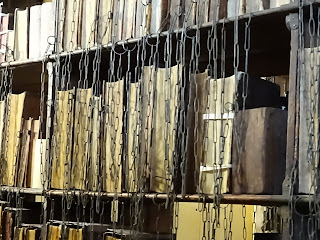 Shelves of books in Hereford Cathedral's Chained Library