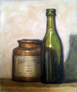 Oil painting of an antique green bottle beside an earthenware mustard pot.