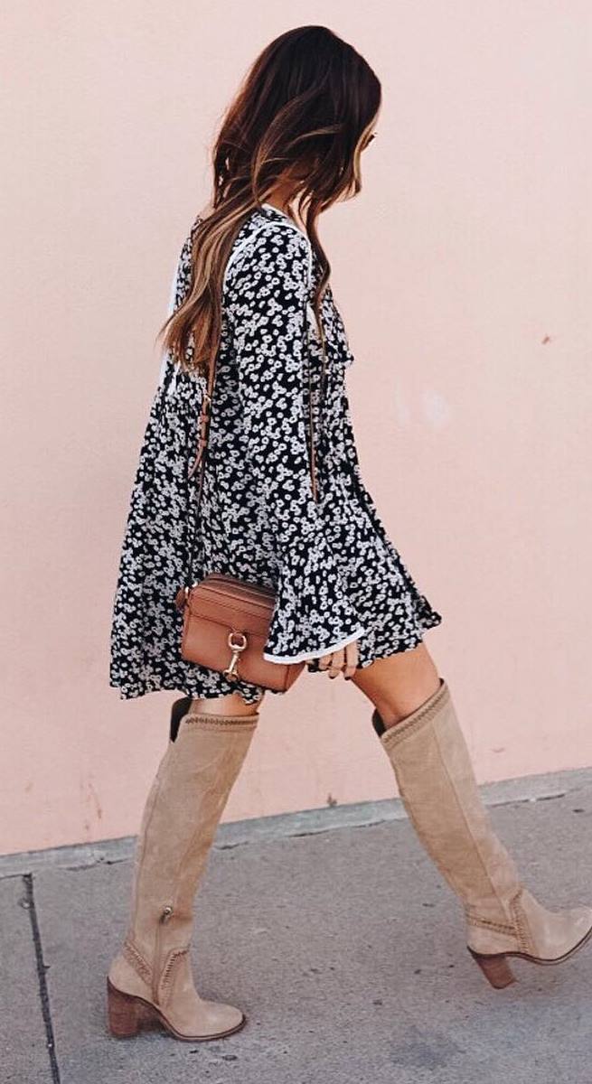 awesome fall outfit | floral dress + bag + nude over knee boots