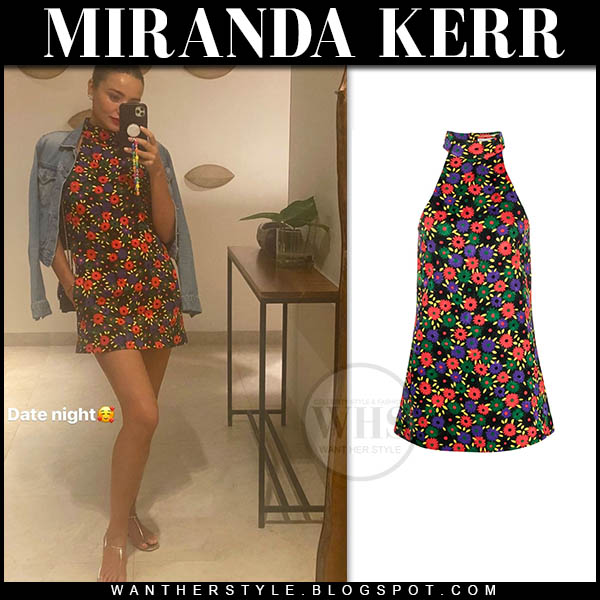 Miranda Kerr in denim jacket and floral print mini dress