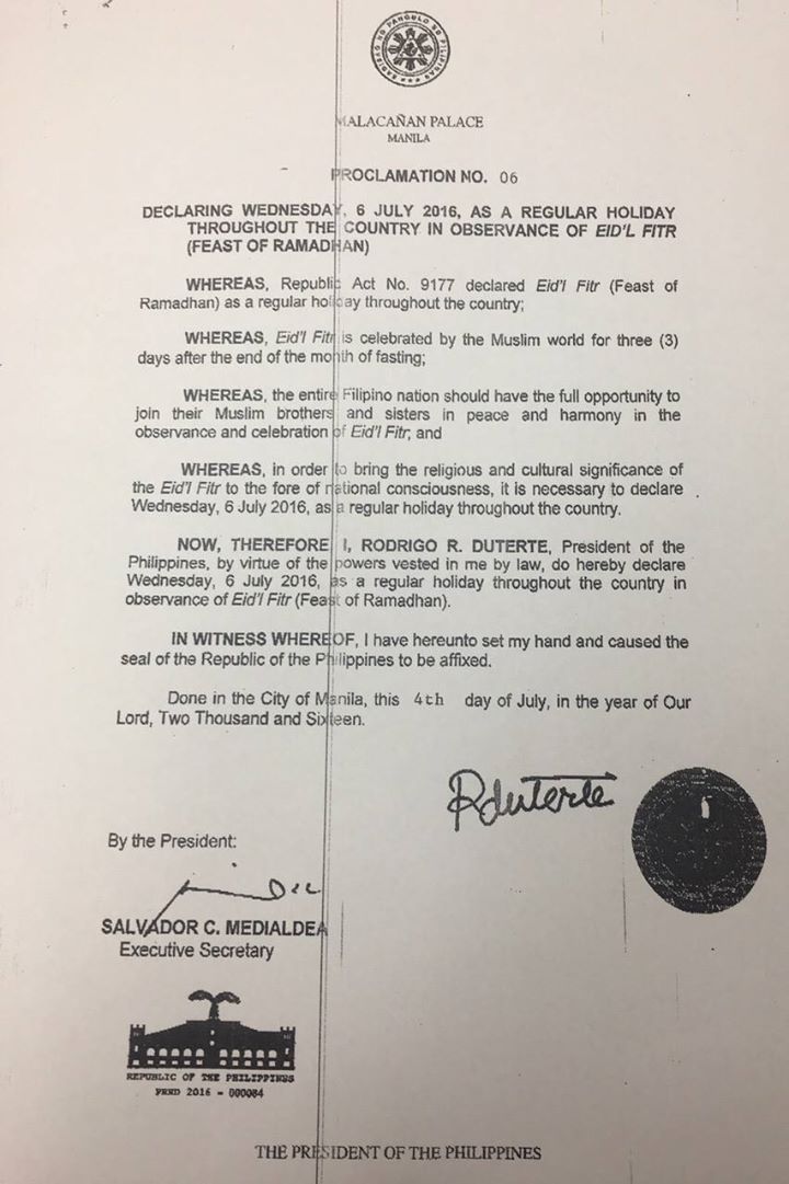 President Duterte declares July 6, 2016 as holiday for Eid 