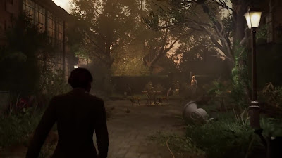 A player character crouched in the dark, ears straining for distant, echoing footsteps.