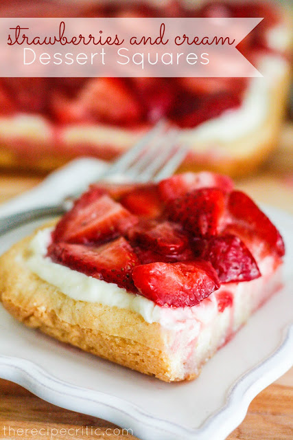 Strawberries & Cream Dessert Squares Recipe #strawberries #dessert #dessertrecipe #summerdessert #dessertsquares #summerrecipe #summer