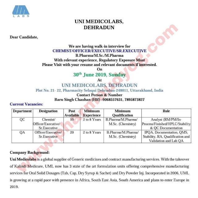 Uni medicolabs | Walk-in interviews for QA-QC | 30 June 2019 | Dehradun