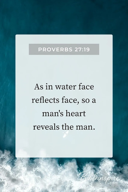 Proverbs 27:19, a Bible verse about opening up your heart to God, illustrates how a man's heart reveals his true self, shown over an image of ocean waves.