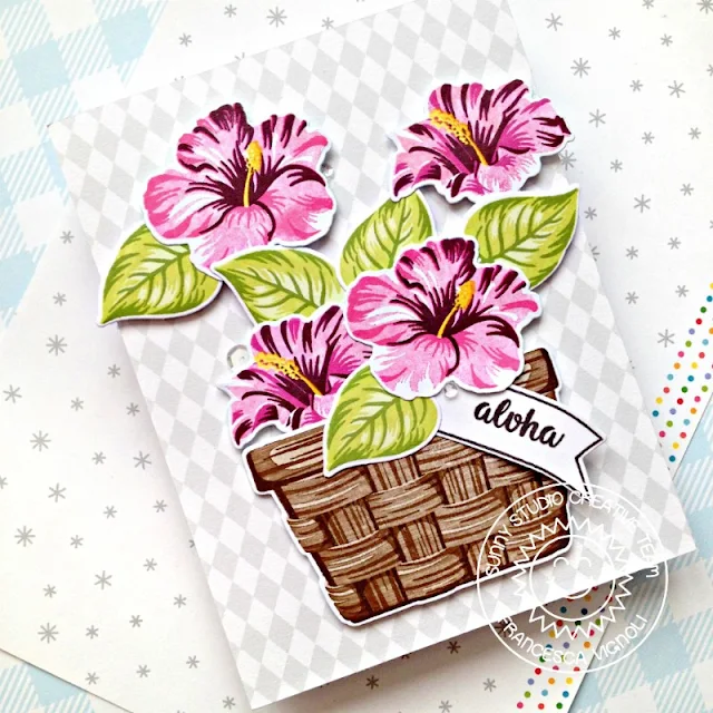 Sunny Studio Stamps: Layered Basket Hawaiian Hibiscus Banner Basics Floral Card by Franci Vignol