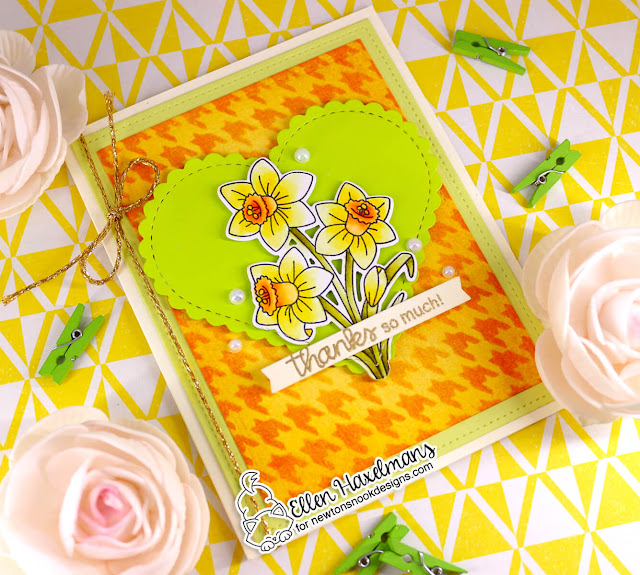 Daffodil thank you card  by Ellen Haxelmans | Daffodils Stamp Set, Heart Frames Die Set and Houndstooth Stencil by Newton's Nook Designs #newtonsnook #handmade