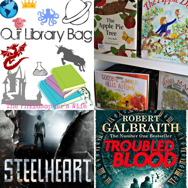 Our Library Bag Collage: With Fall Picture Books, Steelheart, and Troubled Blood