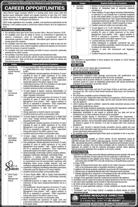 WAPDA Lahore Electric Supply Company LESCO Jobs 2024