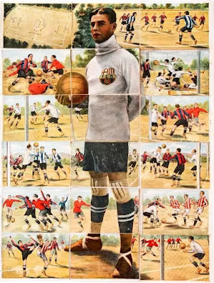 Ricardo ZAMORA. Puzzle "Enseñanza del juego del Football". ZAMORA Debut en la Selección: 28/08/1920. Nombre completo: Ricardo Zamora Martínez. Nacimiento: 21/01/1901, Barcelona, España. Fallecimiento: 09/09/1978 (77 años), Barcelona, España. Estatura: 1,84 metros. Demarcación: Portero. EQUIPOS: RCD Español de Barcelona (1916-1919), FC Barcelona (1919-1922), RCD Español de Barcelona (1922-1930), Madrid FC (1930-1936), OGC Nice Côte d’Azur (1936-1938). INTERNACIONAL: España: 46 partidos, 42 goles encajados. El Divino, catalogado durante décadas como el mejor portero de todos los tiempos, fue uno de los personajes más populares de su época y, posiblemente, el primer futbolista mediático de la historia. Intuitivo, ágil, seguro, de gran colocación, espectacular en sus intervenciones y un verdadero ídolo de masas, entre 1920 y 1936 disputó 46 partidos internacionales (récord que se mantendría durante 40 años) y recibió 42 goles, «muchos de ellos, en fuera de juego», como él mismo aseguraba. Considerado hoy por la FIFA el 5º mejor cancerbero de la historia.