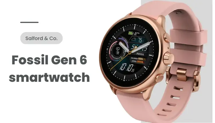 A side view of Fossil Gen 6 Smartwatch with a white and gray background