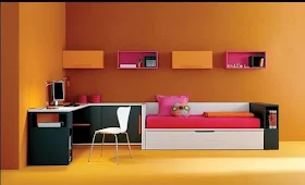 Dormitorio juvenil color mandarina negro y fucsia