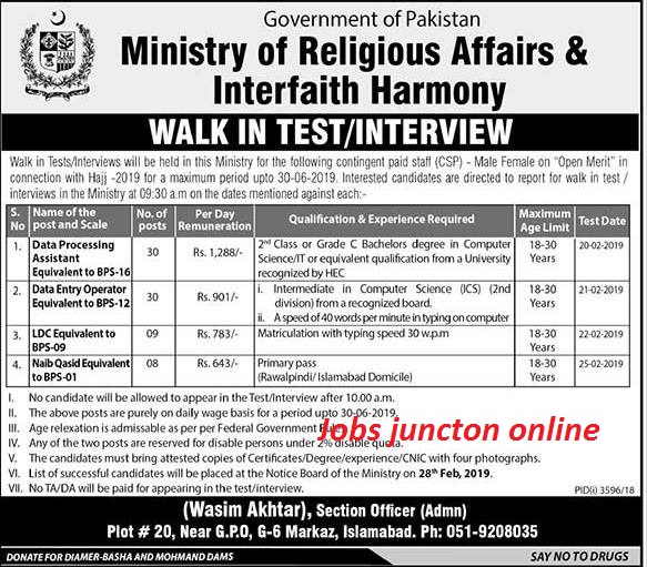 Ministry of Religious Affairs & Interfaith Latest Jobs 2019 | 77 New Vacancies Available |