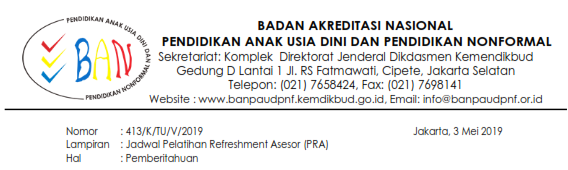 Salam semangat buat seluruh Asesor BAN PAUD dan PNF di seluruh Indonesia Jadwal Pelatihan Refreshment Asesor (PRA) BAN PAUD dan PNF Tahun 2019