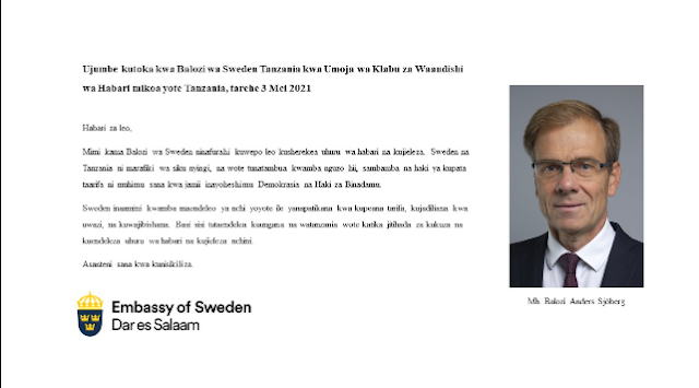 UJUMBE KUTOKA KWA BALOZI WA SWEDEN TANZANIA KWA UMOJA WA KLABU  ZA WAANDISHI WA HABARI MIKOA YOTE TANZANIA MEI 23, 2021