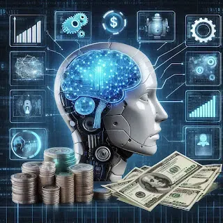 Representação visual de inteligência artificial ajudando no gerenciamento financeiro, incluindo orçamento automatizado e investimentos.