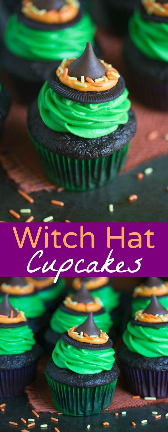 Witch Hat Cupcakes that take just 5 ingredients to make! You kids will love helping you make these fun and easy Halloween cupcakes!