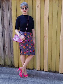 Pencil floral skirt-black top-Ted Baker hot pink patents shoes
