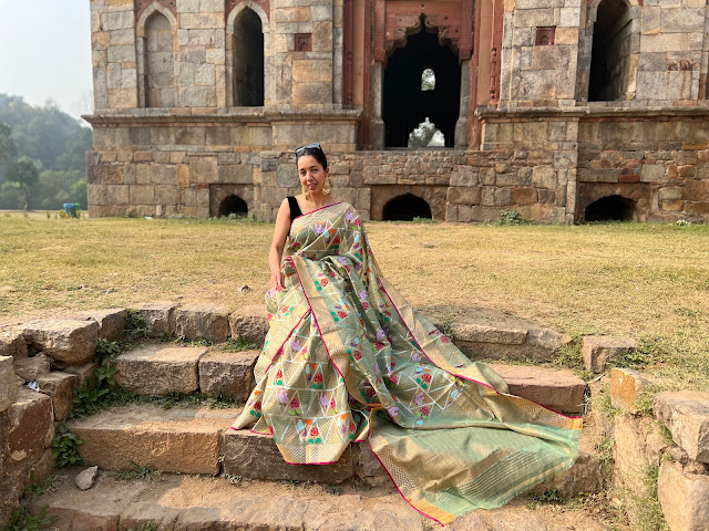 Double tissue kota doria saree with birds and floral motifs