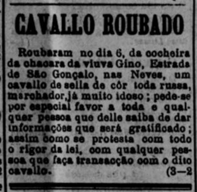 Anúncio classificado em busca de um cavalo que foi roubado na Estrada de São Gonçalo (RJ) em 1900