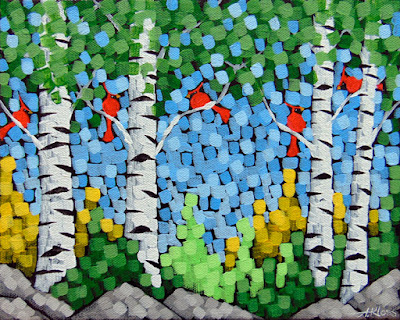 singing in the spring painting by artist aaron kloss, painting of cardinals, birch trees, painting of spring, pointillism