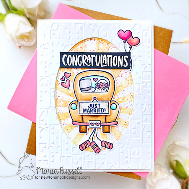 Just Married Wedding Card by Maria Russell | Destination Love Stamp Set and Oval Frames Die Set by Newton’s Nook Designs #newtonsnook