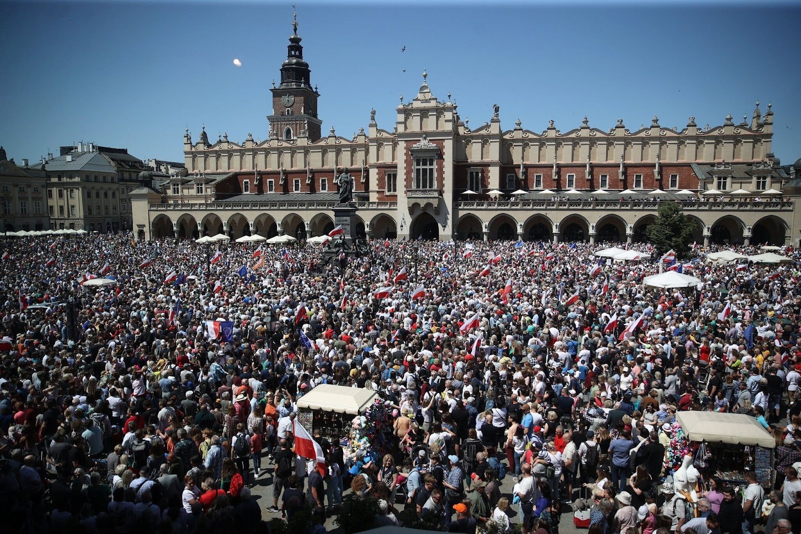 Supporters and members of Poland’s opposition parties protested against the government’s policies in Krakow on Sunday.