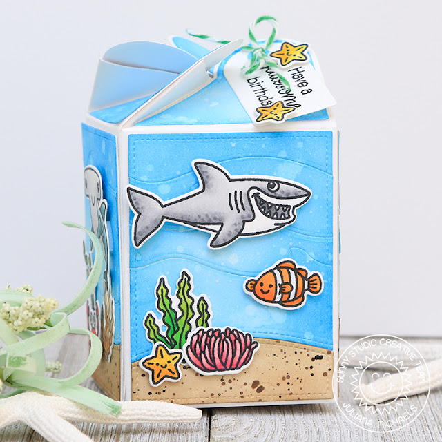 Happy Birthday Wrap Around Gift Box by Juliana Michaels featuring Sunny Studio Stamps Wrap Around Box Dies, Catch A Wave Dies, Woodland Border Dies,Best Fishes Stamps and Oceans of Joy Stamps,