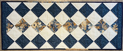 A gold and blue quilted table runner