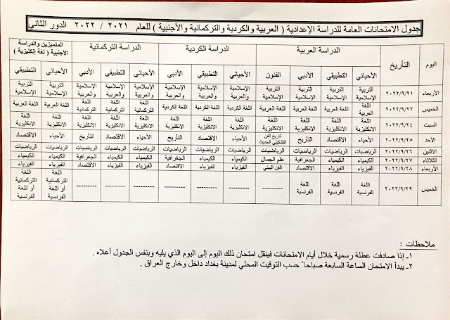 جدول امتحانات السادس الإعدادي الدور الثاني 2022