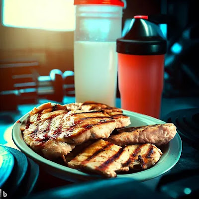 Protein shake in a shaker bottle and a plate of grilled chicken strips