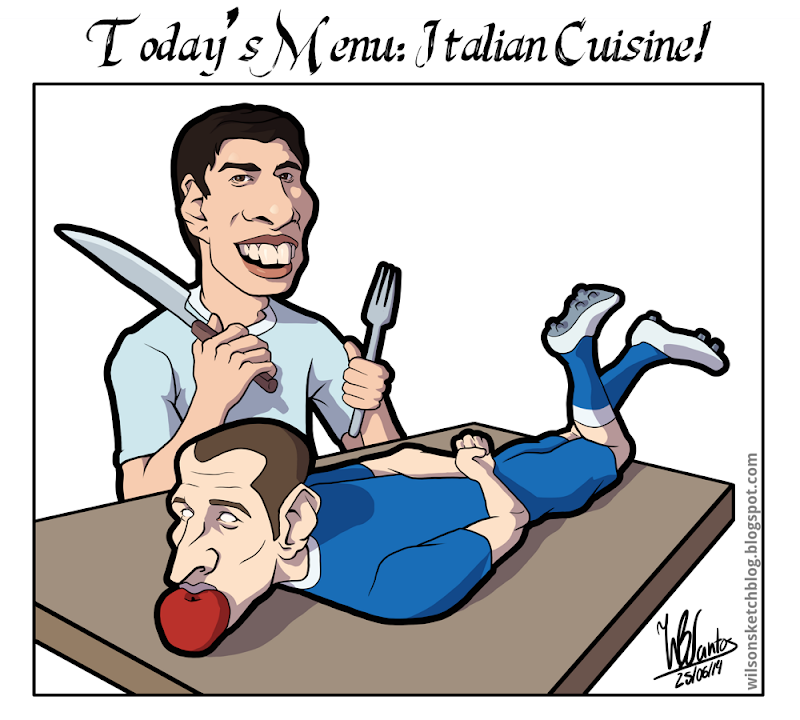 Cartoon of Luis Suárez taking a bite out of Giogio Chiellini.