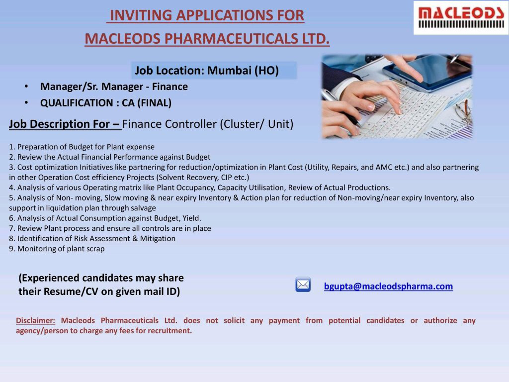 Job Availables,Macleods Pharmaceuticals Ltd Job Vacancy For CA(Final)